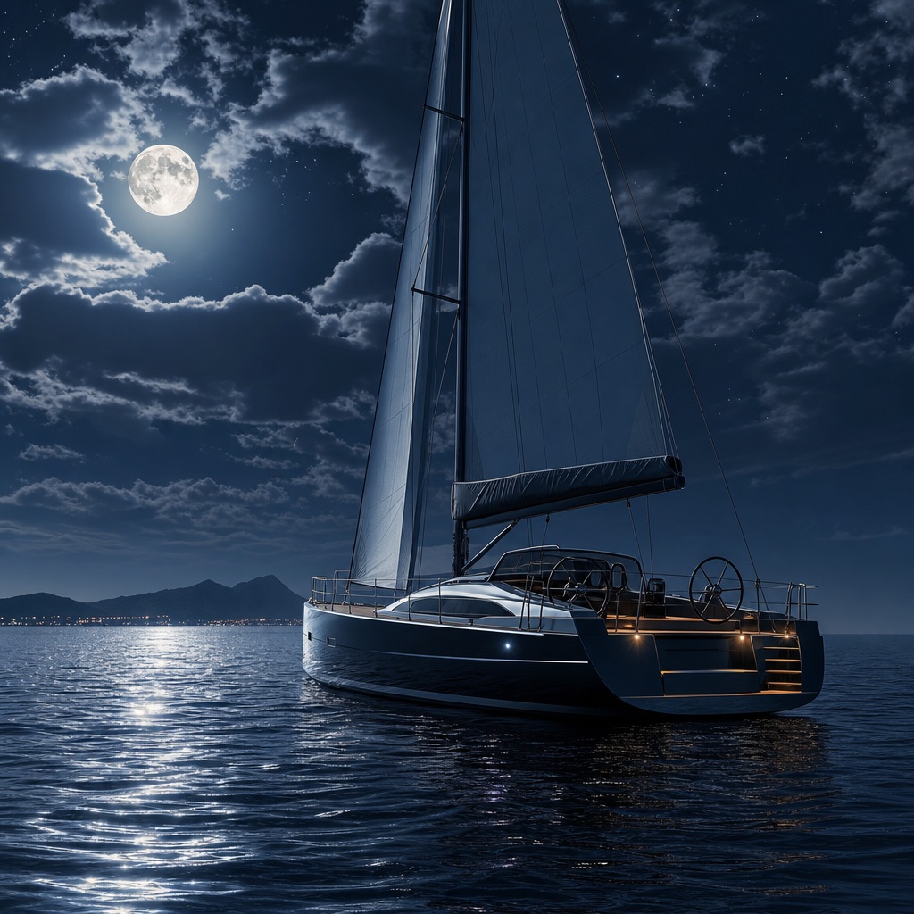Sailboat on moonlit water under a dark sky with a bright full moon