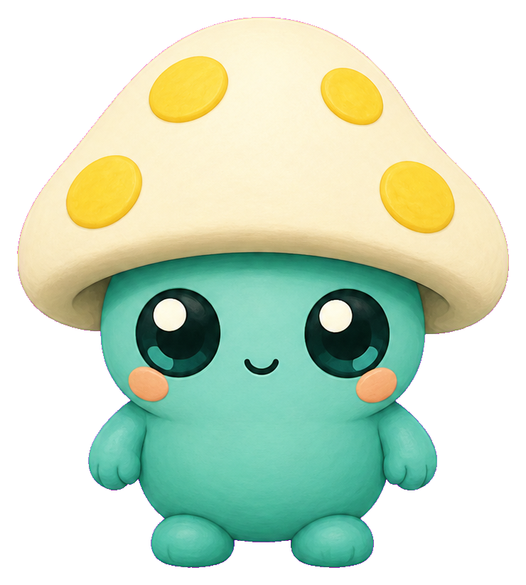 Cute teal alien with a cream mushroom cap and round smiling face