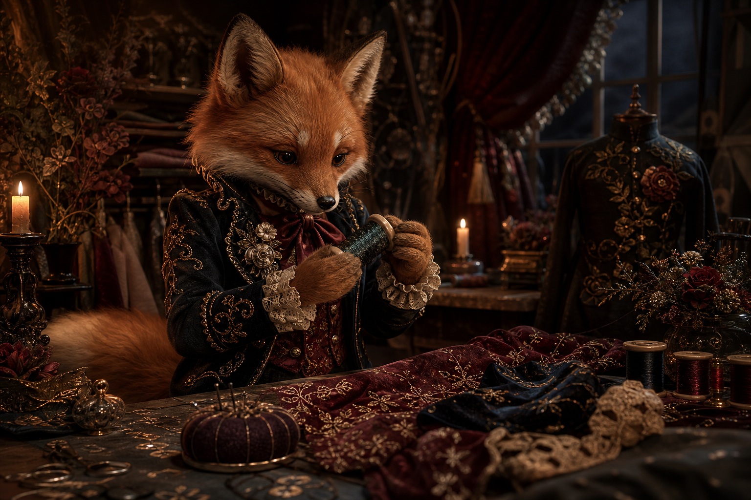 Candlelit fox tailor working at a dim gothic table with fabrics and sewing tools