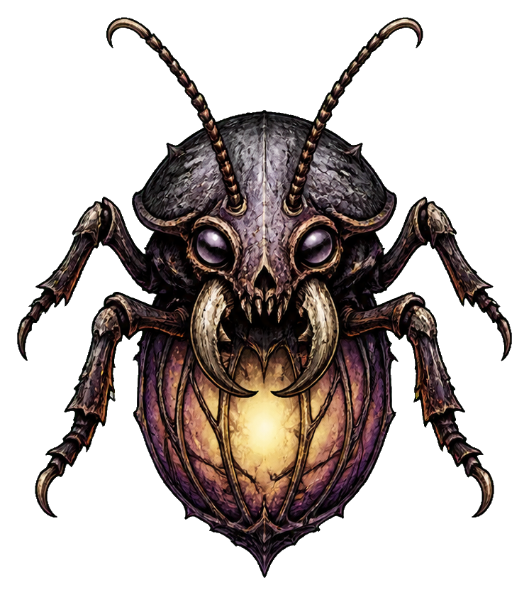 A creepy beetle monster with glowing lantern-like abdomen and spindly antennae