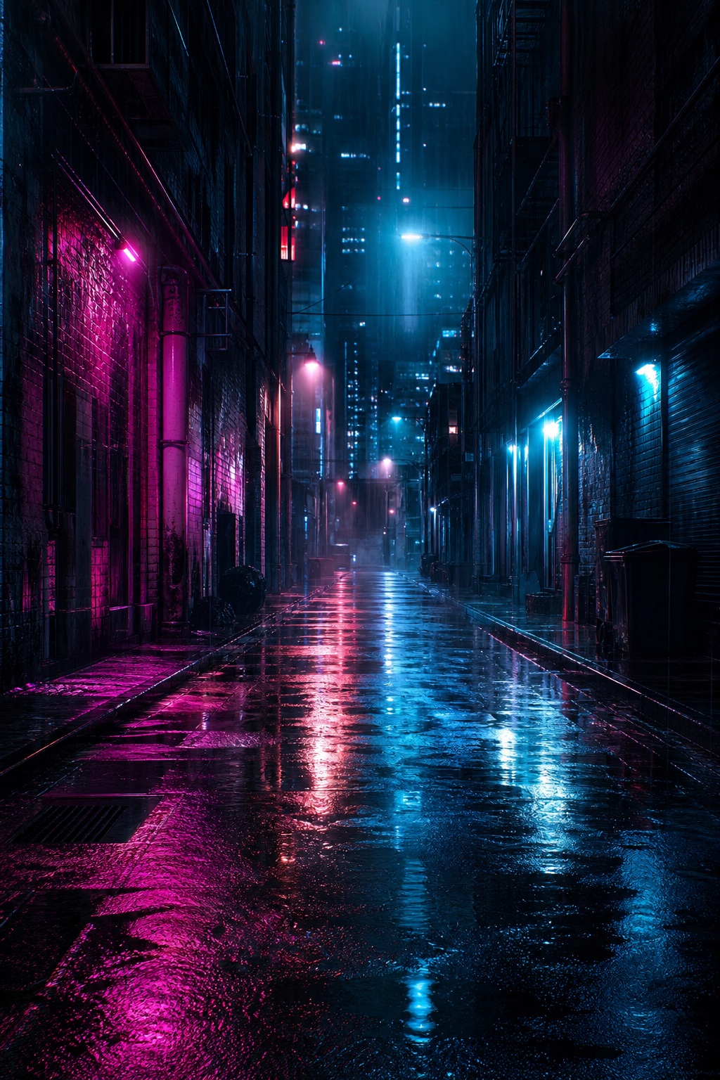 A dark cyberpunk alley with pink and blue neon reflections on wet pavement.