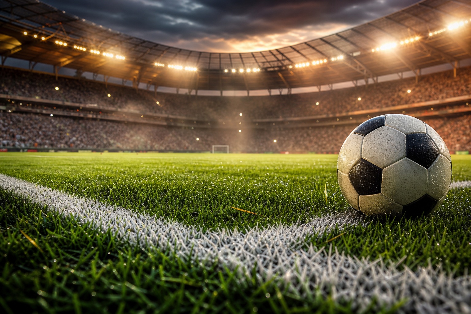 Soccer ball resting on green turf inside a lit stadium