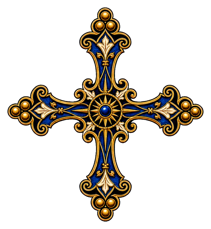 Ornamental cross bottony with gold and blue decorative detailing