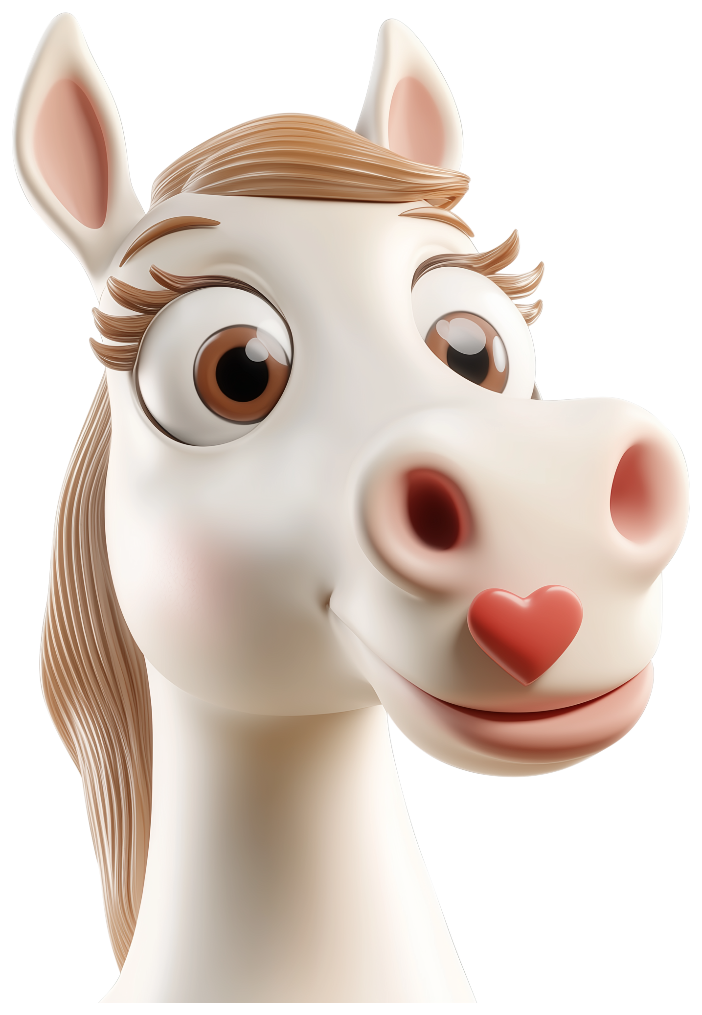 Cute 3D cartoon horse emoji sticker with a smiling face and red heart nose