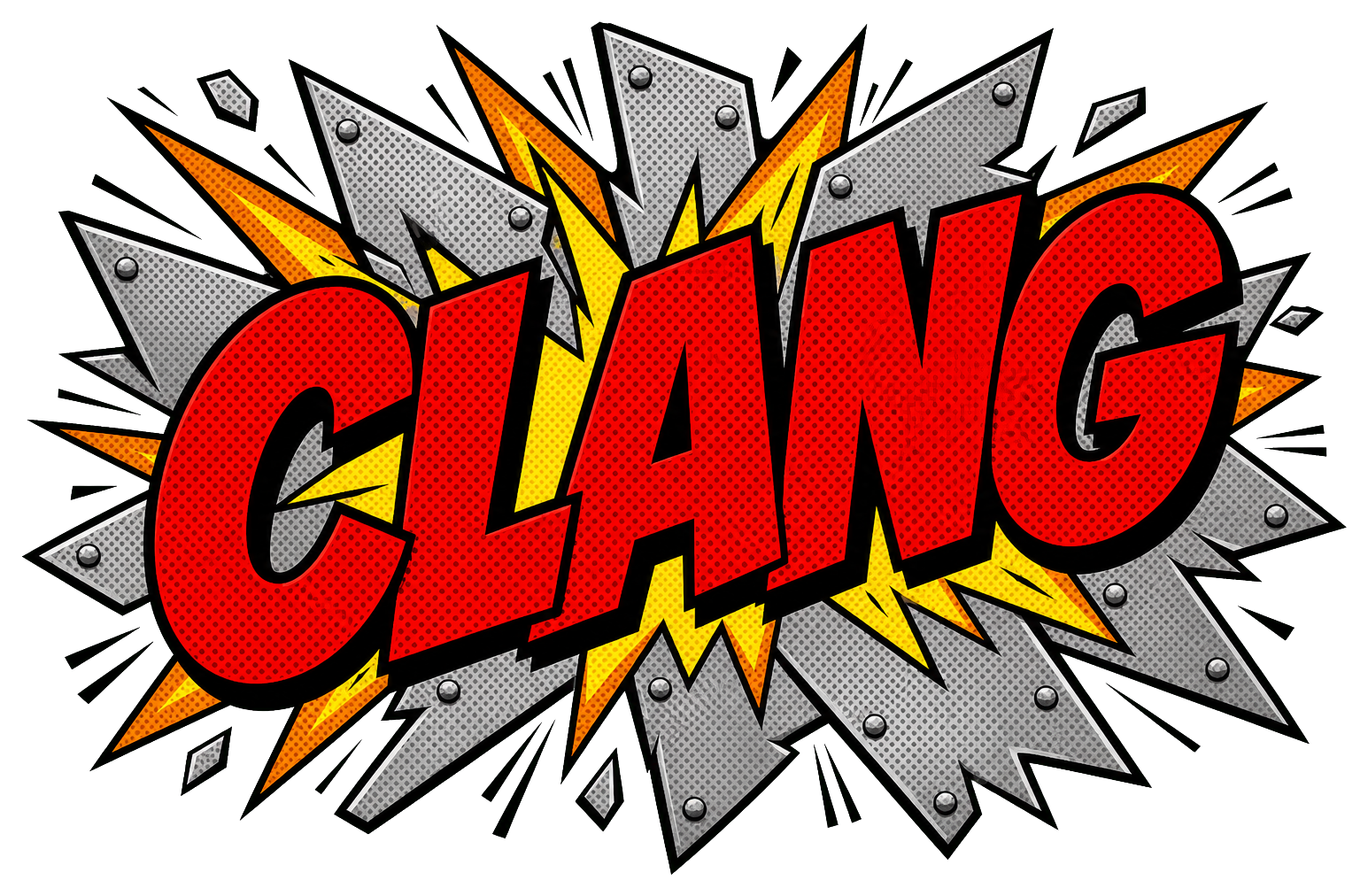 Red and yellow Clang text with comic burst and gray shards behind it