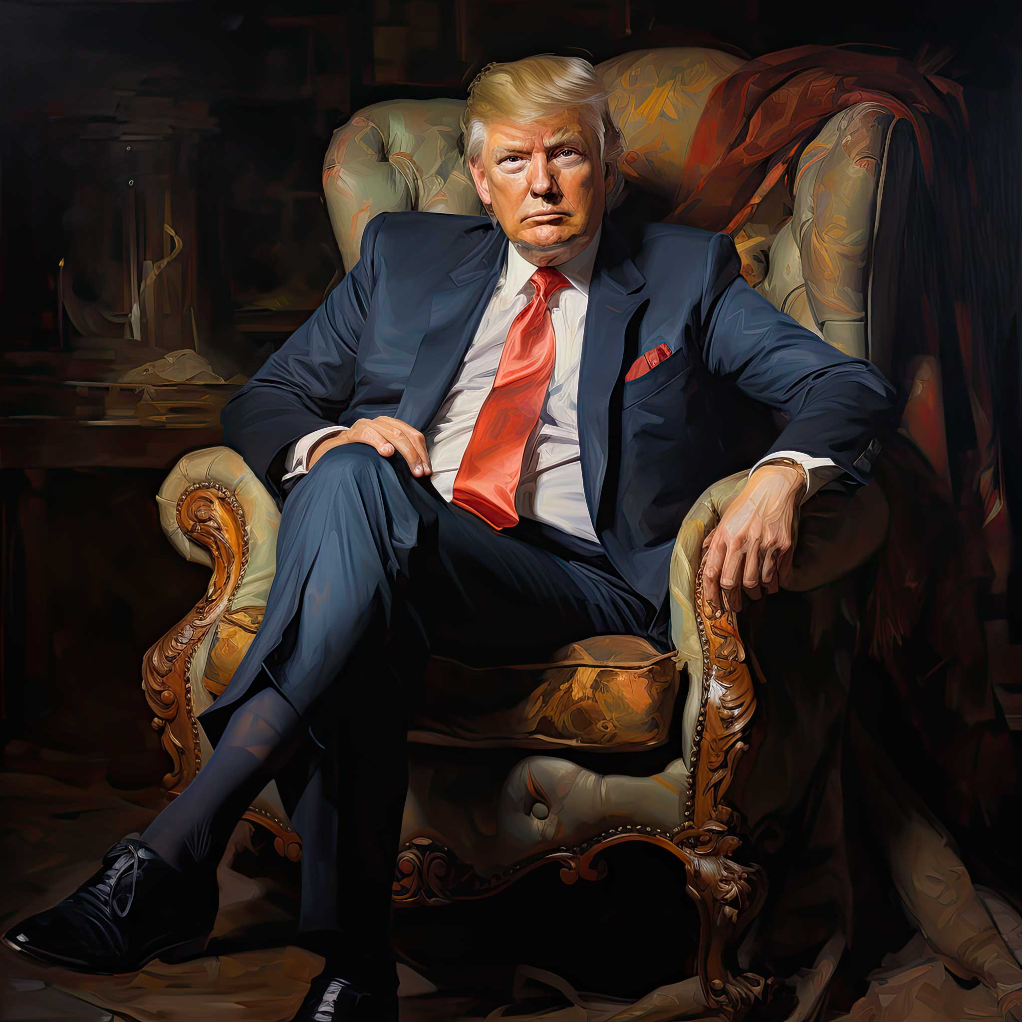 Donald Trump seated in an ornate armchair against a dark background