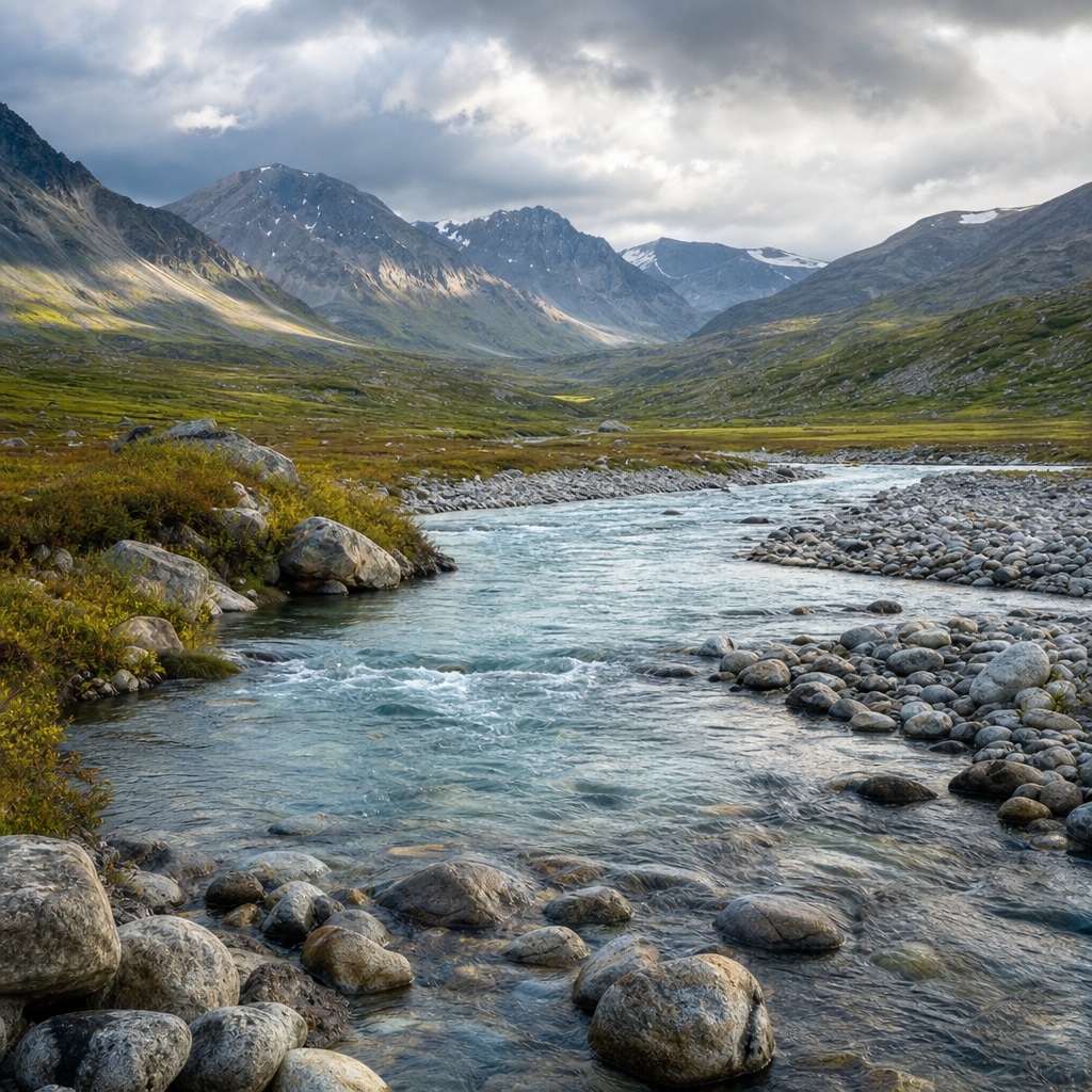 Mountain river winding through a rocky glacial valley under clearing storm clouds.