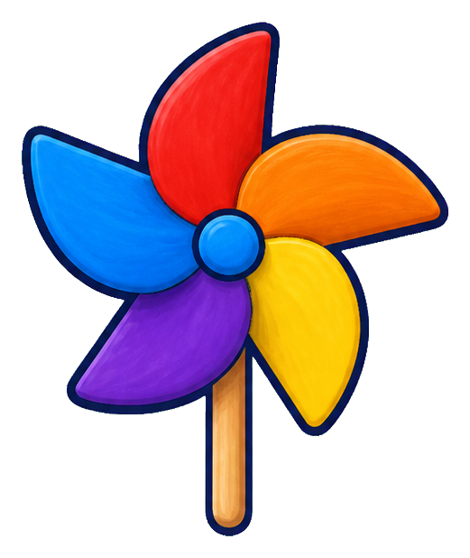 Colorful five-blade pinwheel with blue, red, orange, yellow, and purple blades on a stick.