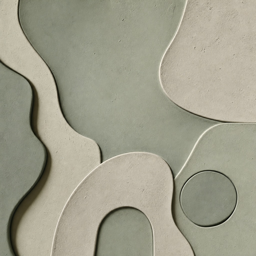 Neutral matte clay abstract forms with sculptural pressed shapes and a soft sage tone