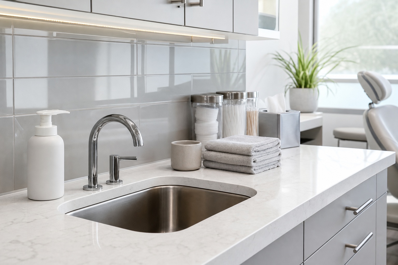 Bright dental clinic sink station with white counter, faucet, and organized supplies.