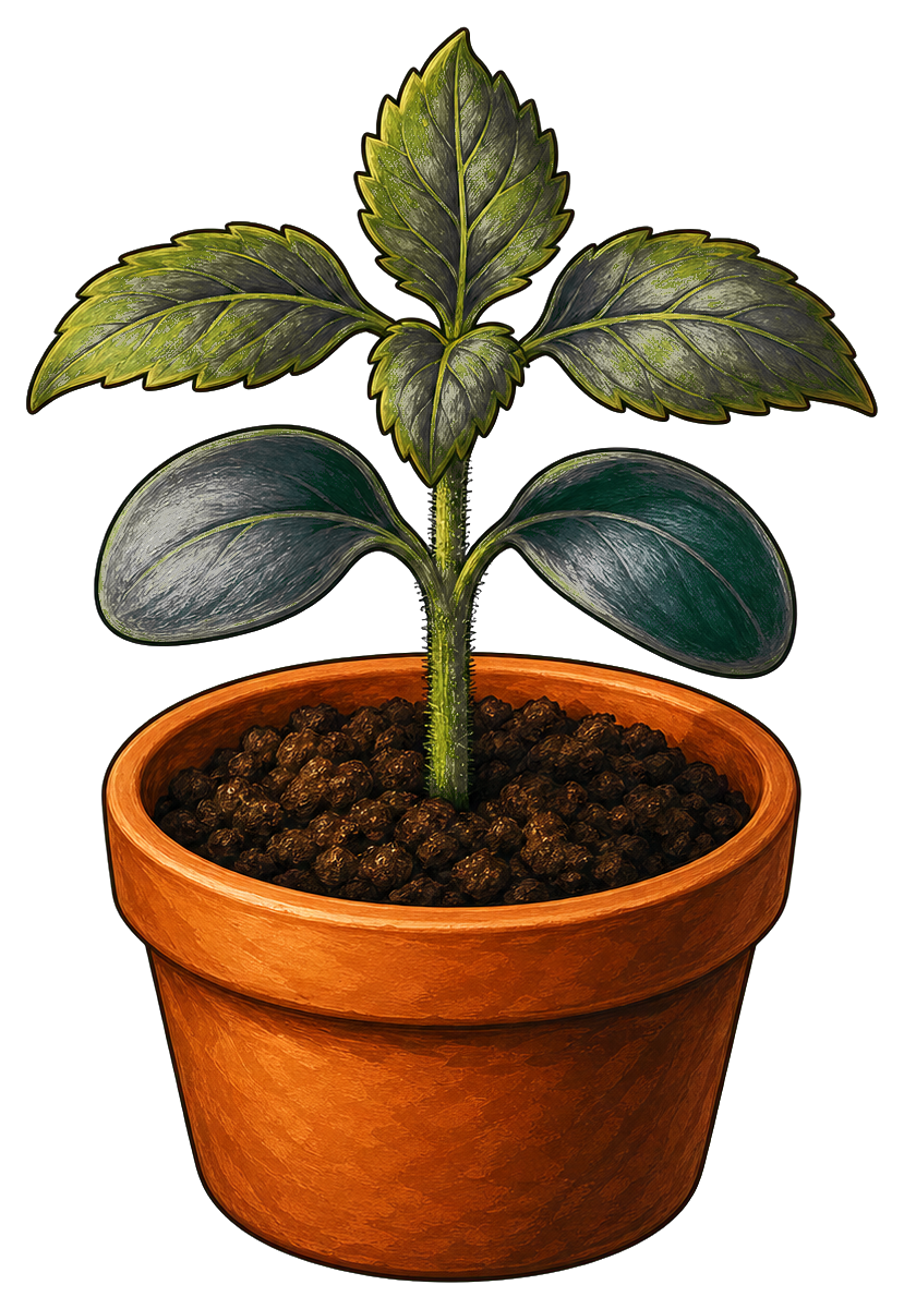 A small sunflower sprout growing in a terracotta pot with dark soil.