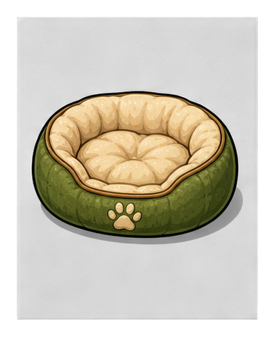 Green pet bed sticker with a tan cushion and paw print on the front.