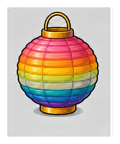 Colorful paper lantern with horizontal rainbow stripes and a gold handle.