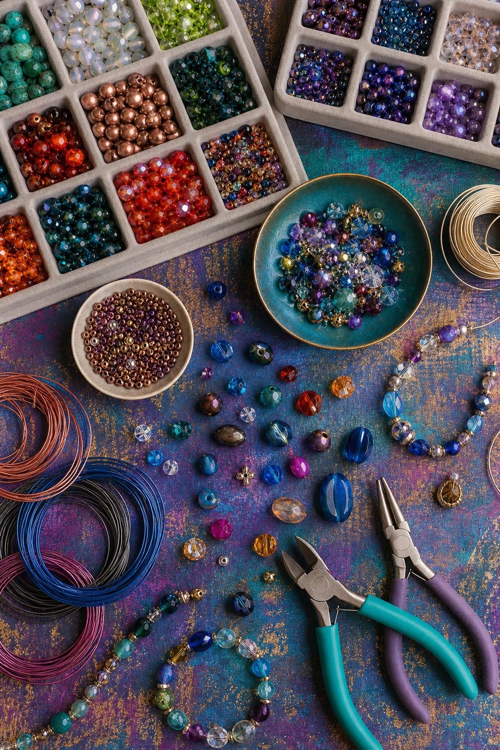 Colorful beads, wire, pliers, and jewelry making supplies on a textured craft table.