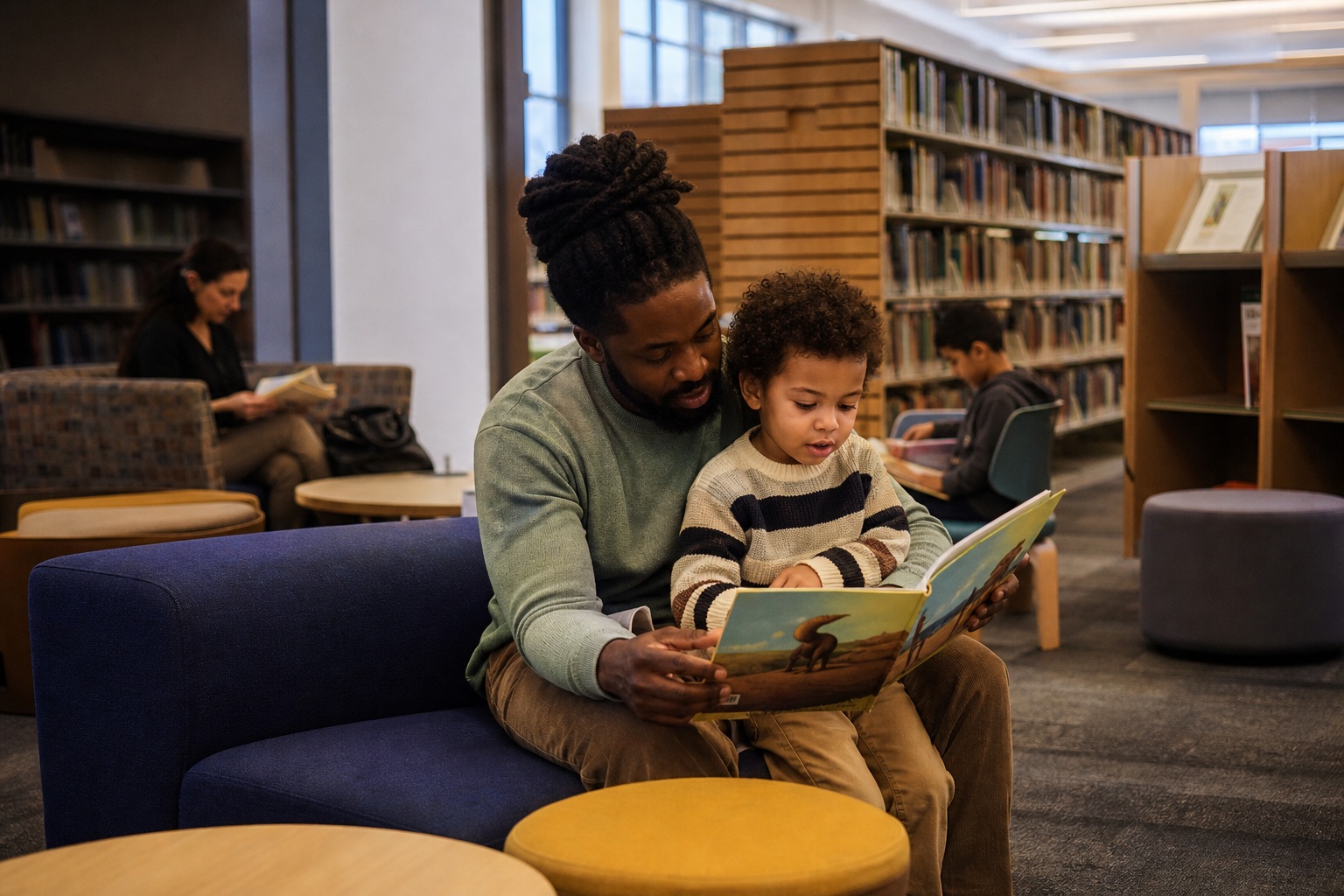 Adult reading a book with a child in a public library seating area.