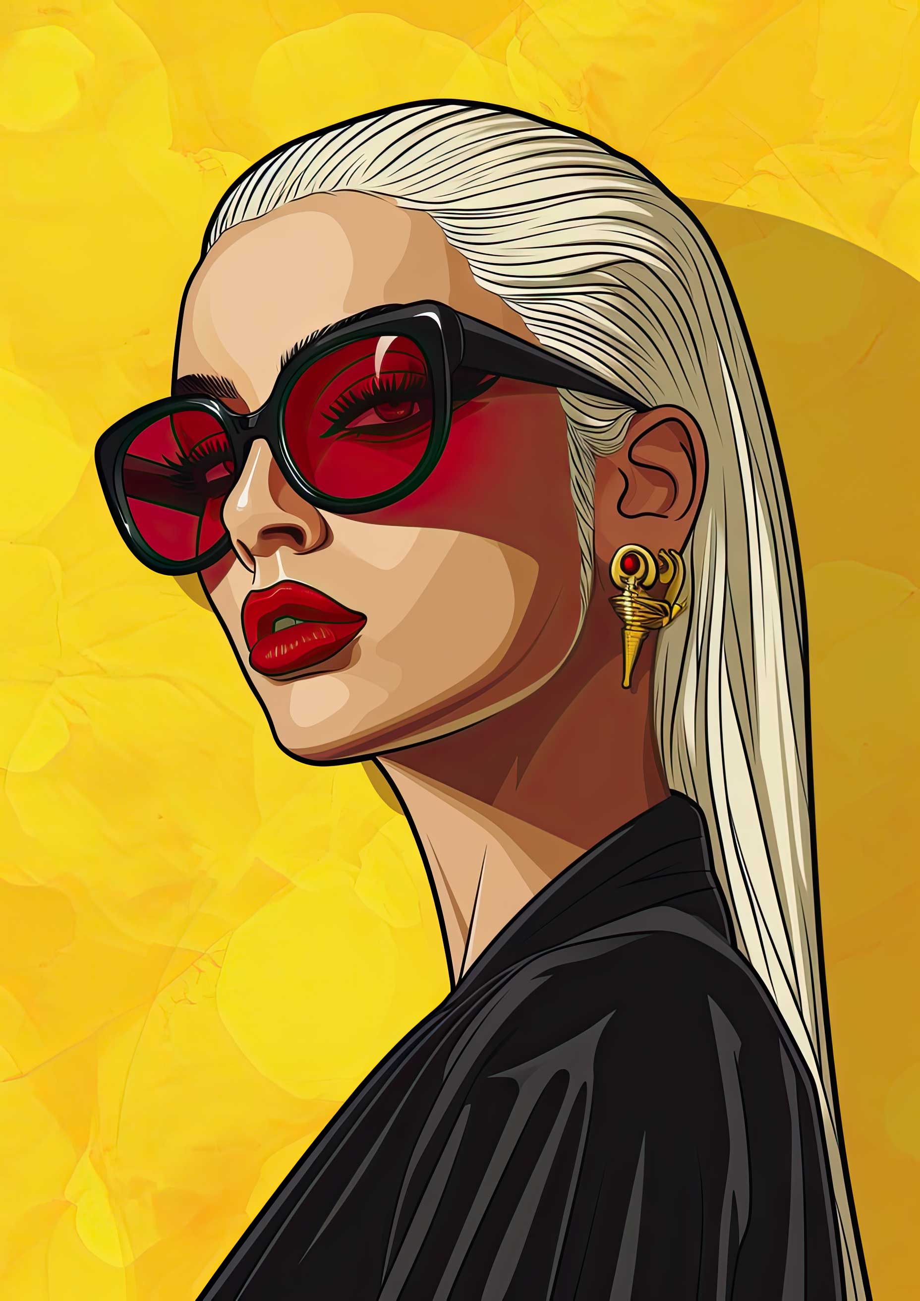 Illustration of a woman with platinum blonde hair wearing red sunglasses and black clothing