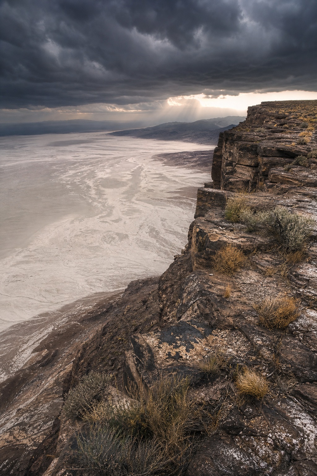 Rocky cliff edge overlooking a vast pale salt flat under dark storm clouds