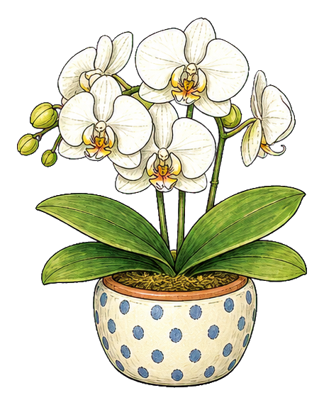 White orchid with green leaves in a blue polka dot ceramic pot