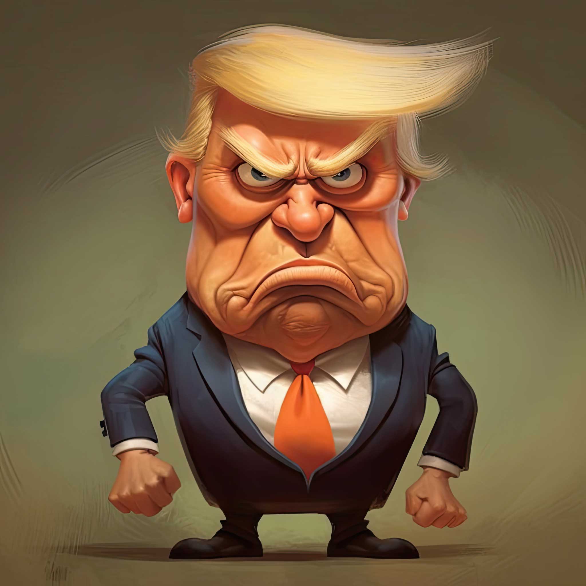 Angry cartoon of Donald Trump standing with clenched fists and a stern expression.