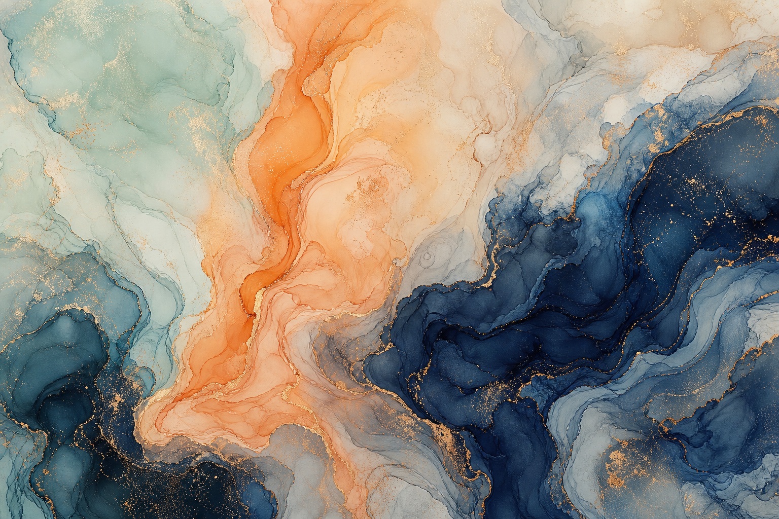 Apricot and indigo marbled ink swirls with soft fluid movement