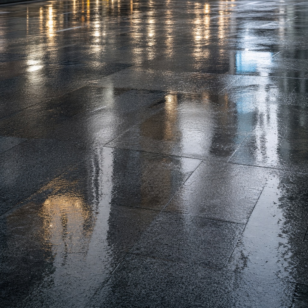Rain-soaked pavement with soft city light reflections in monochrome tones