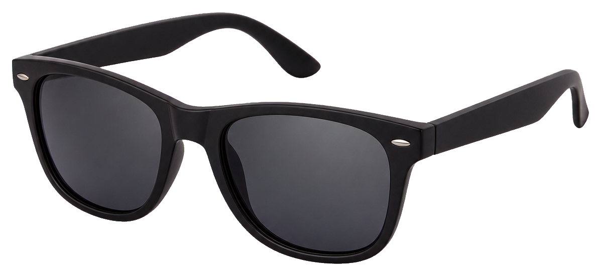 A pair of plain black sunglasses on a transparent background