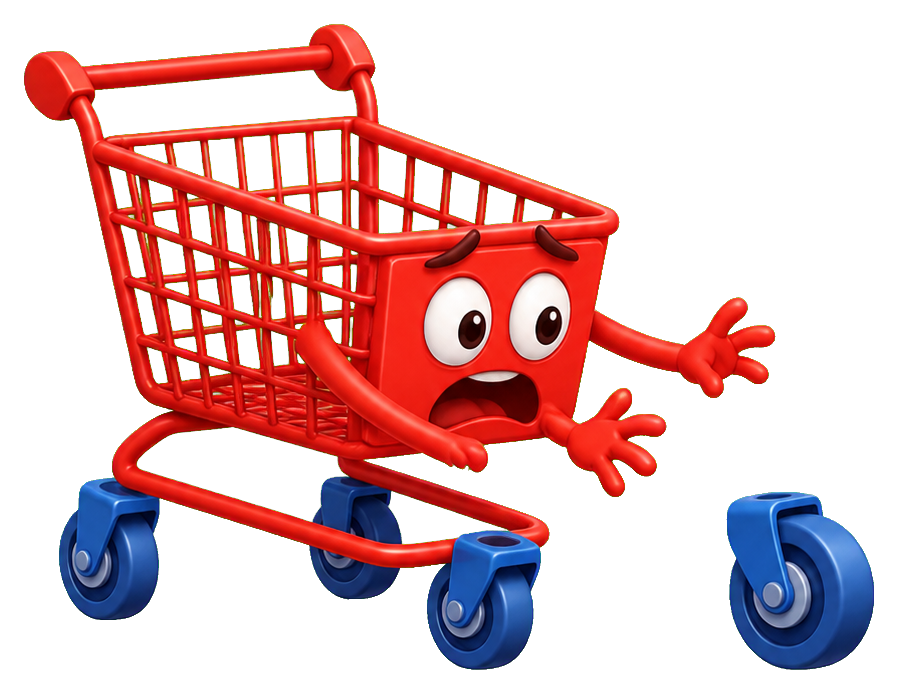 Cartoon shopping cart with a loose wheel and surprised face on a white background