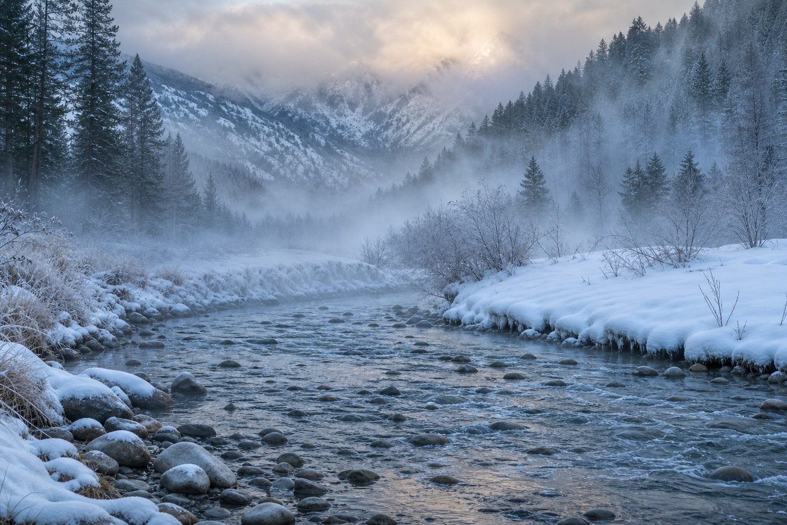 Snowy river valley with mist, snow-covered banks, and distant mountains