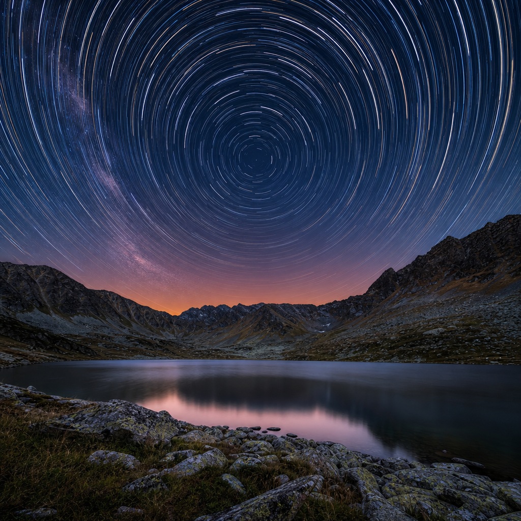 Star trails circling above a mountain basin and reflective lake at night