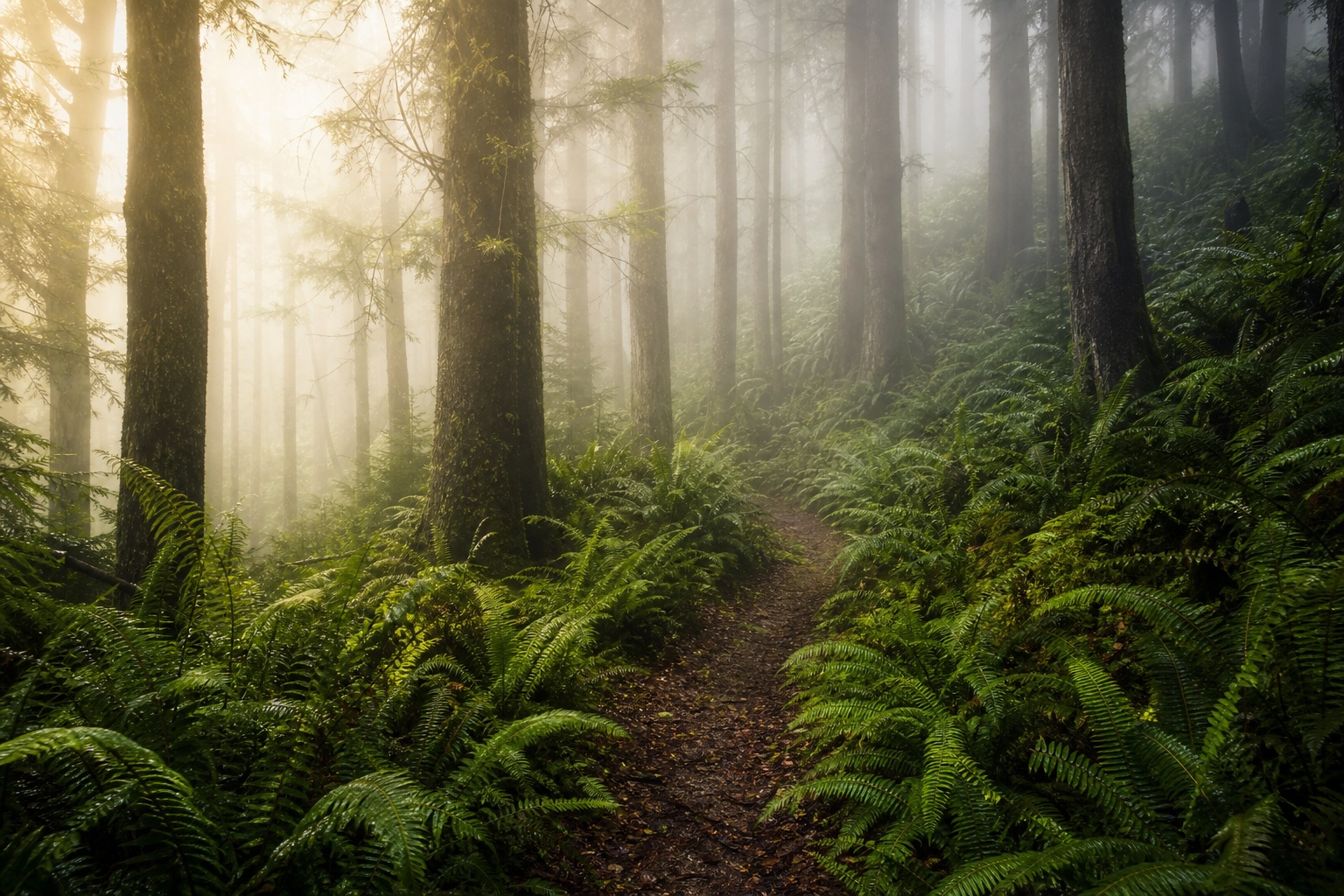 Misty forest path surrounded by ferns and tall trees in soft morning fog