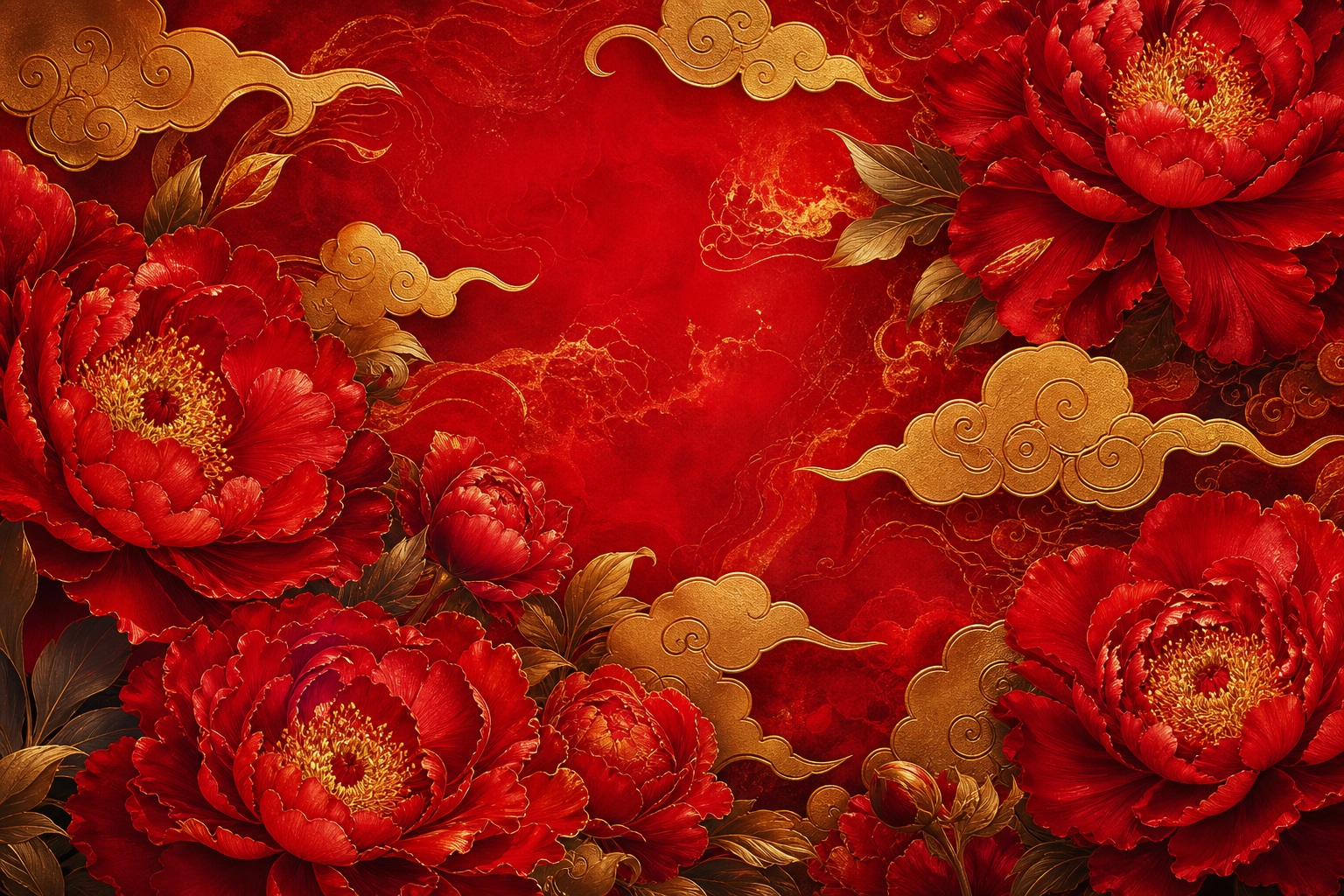 Red peonies and gold cloud patterns on a dark festive abstract background