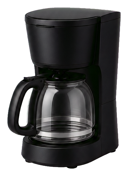 Black drip coffee maker with glass carafe and handle