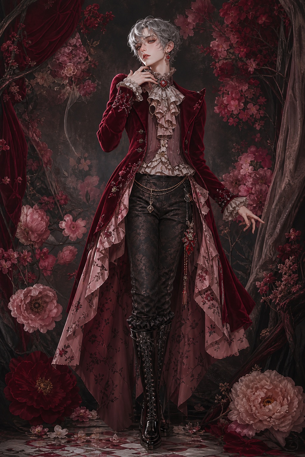 Stylized gothic character in a red velvet coat surrounded by dark roses and ornate floral details