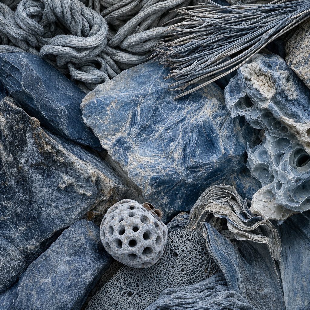 Layered blue mineral-like fibers, textured fabric, and a small perforated round object.