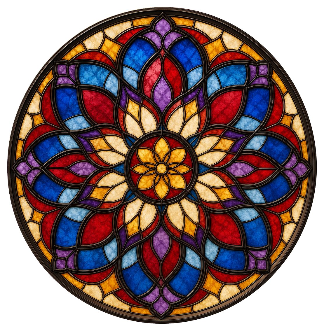 Colorful stained-glass rosette with red, blue, and gold petals in a circular window design