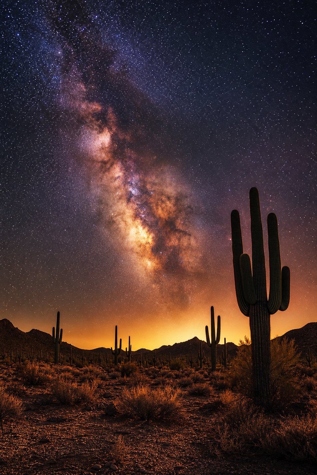 Tall cactus silhouette under a bright Milky Way band in a starry desert night sky