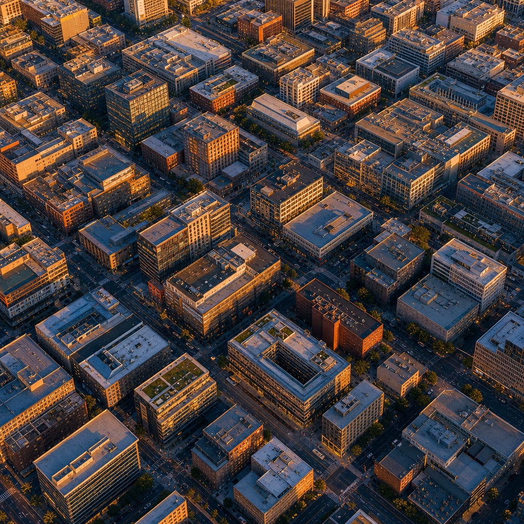Aerial view of a dense city district lit by warm sunset light.