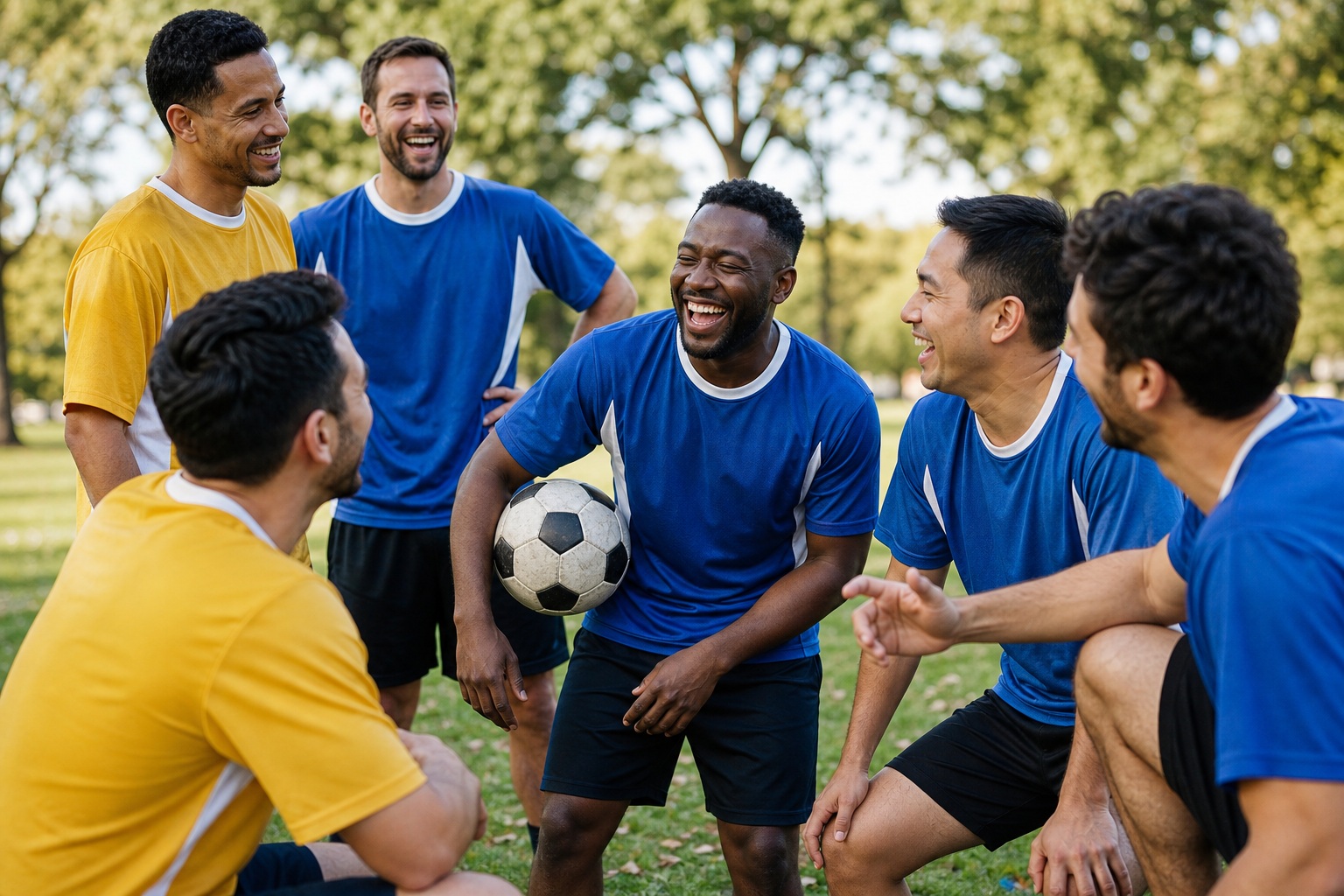 Group of smiling soccer players in blue and yellow jerseys laughing on a park field.