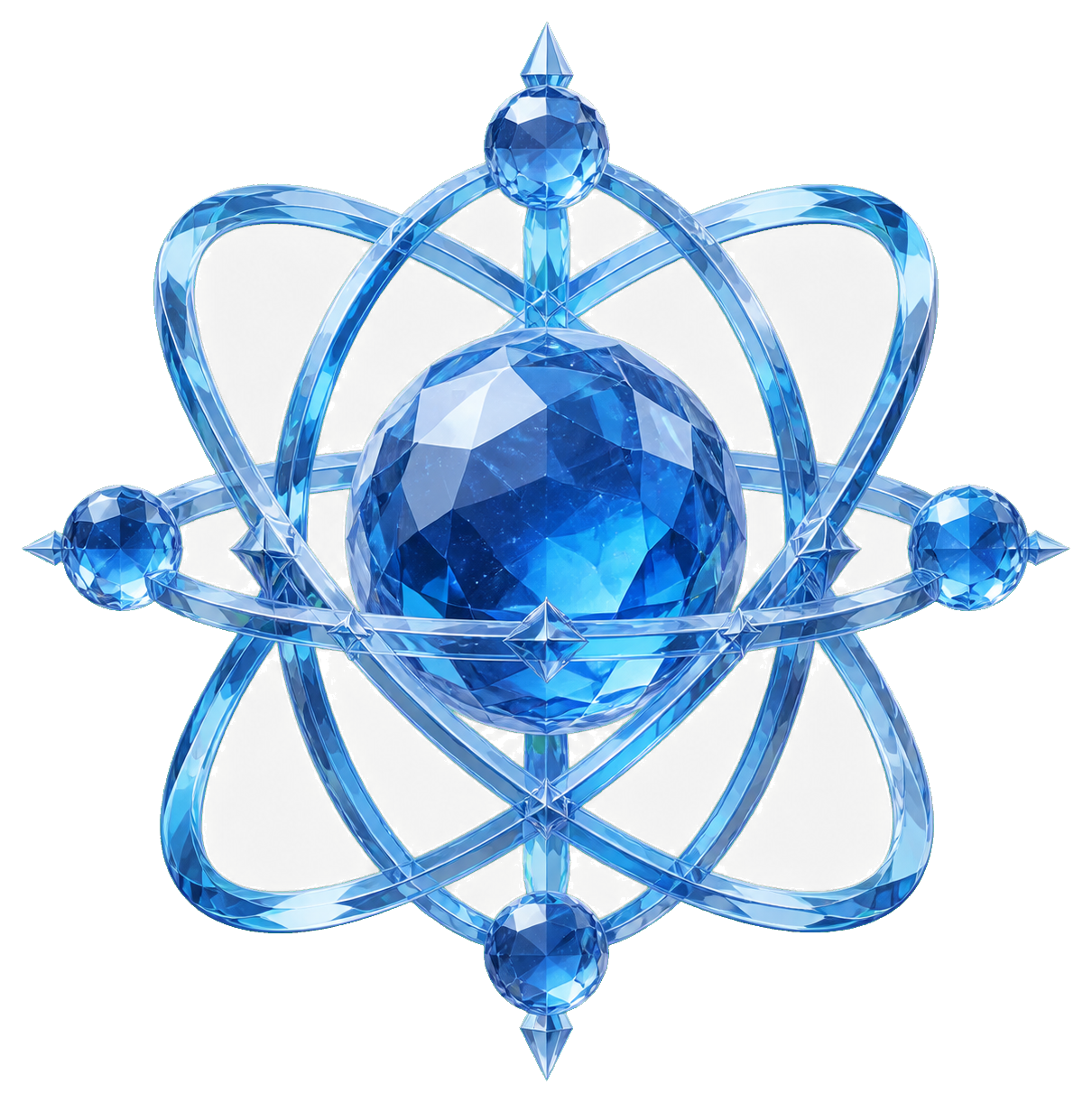 Blue faceted crystal with orbiting metallic loops and small gem points