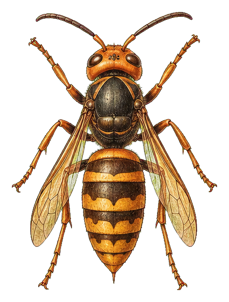 A vintage-style illustrated insect with striped body, wings, and long antennae.