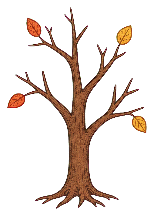 Bare tree with a few orange leaves in a folk art autumn style
