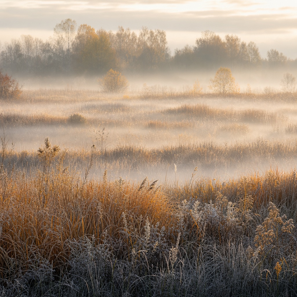 Fog rolling over a meadow with tall grass and distant trees in warm morning light