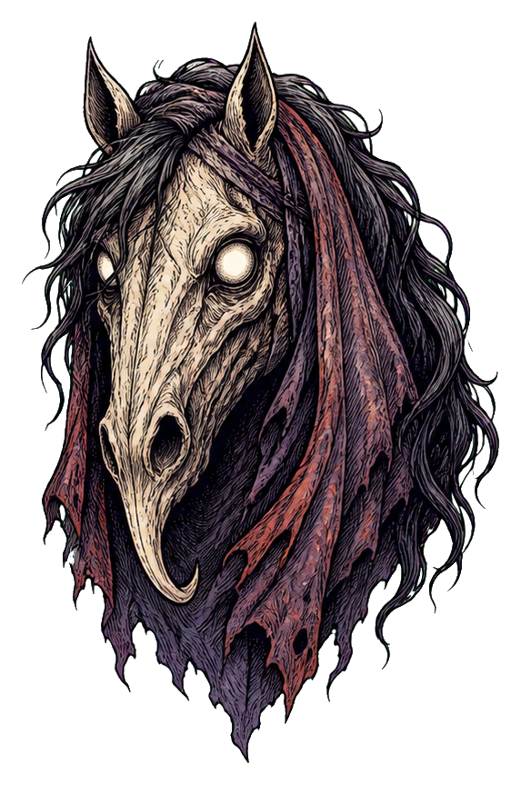 A ghostly horse head wrapped in dark shrouds with glowing eyes