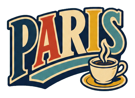 Retro PARIS text with a small coffee cup on a curved banner.