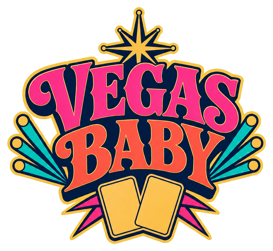 Colorful retro Vegas Baby text with playing cards and starburst accents