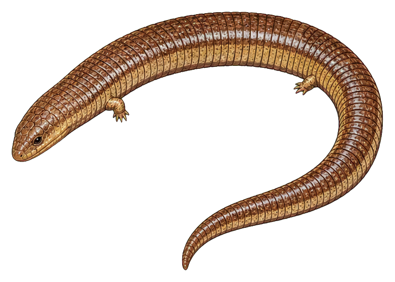 Vintage worm lizard illustration curled into a crescent shape on a transparent background.