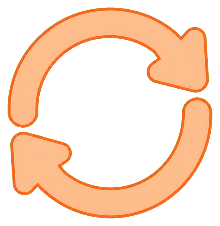 Orange geometric circular arrow sticker with two curved arrows forming a loop