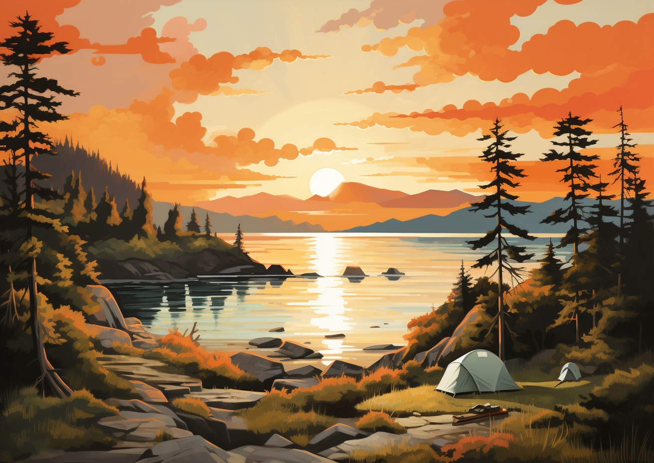 Illustrated campsite beside a lake at sunset with forest, mountains, and glowing sky