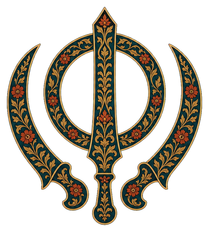 Ornamental khanda symbol with botanical inlay and gold detailing on a dark background