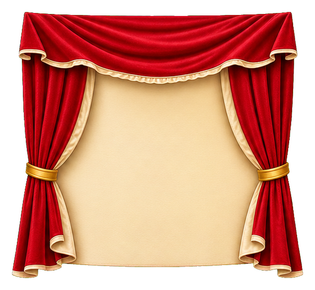 Red velvet stage curtain with gold trim and beige center opening